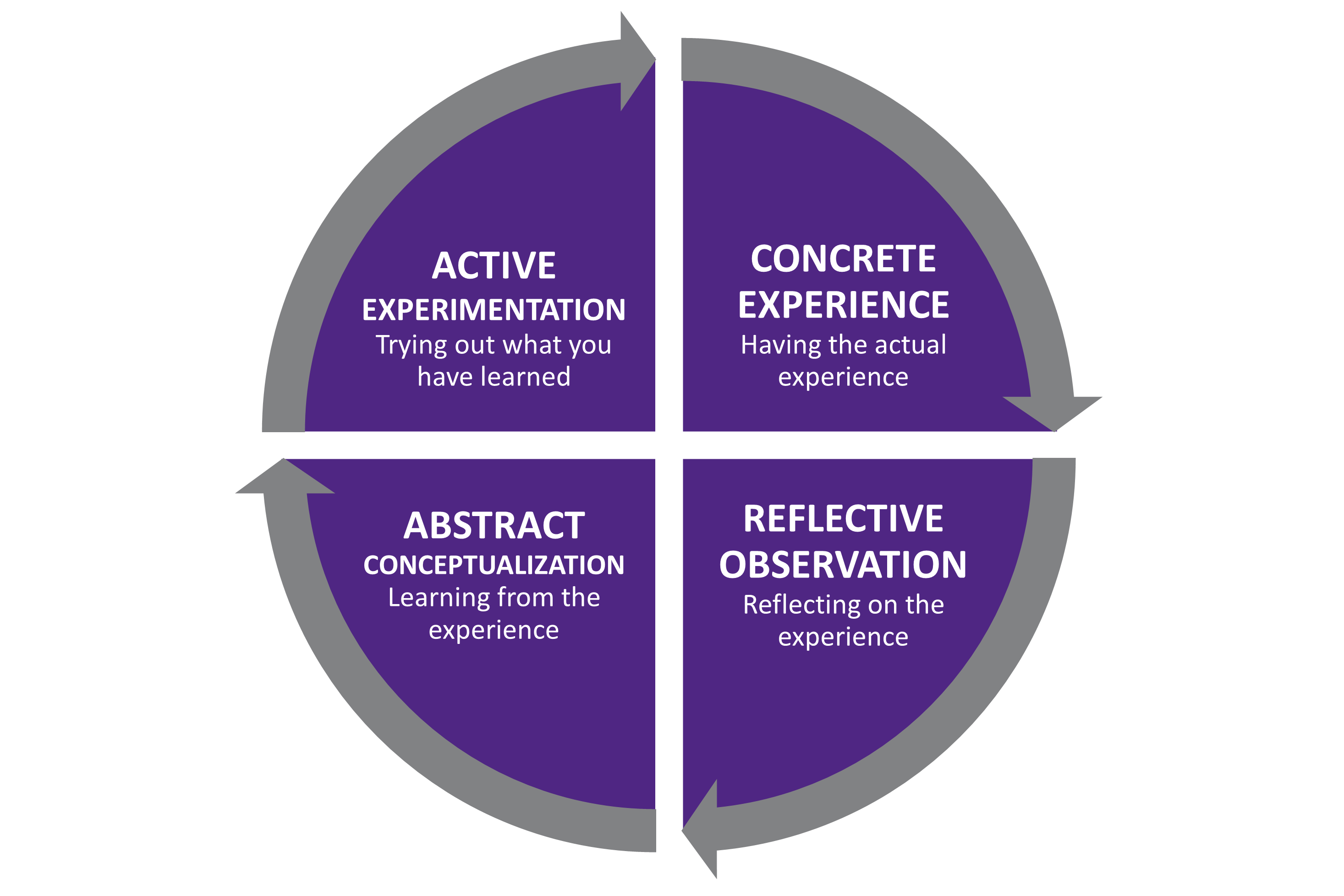Circular four-quadrant diagram of Kolb’s experiential learning cycle with arrows showing progression: Concrete Experience → Reflective Observation → Abstract Conceptualization → Active Experimentation.